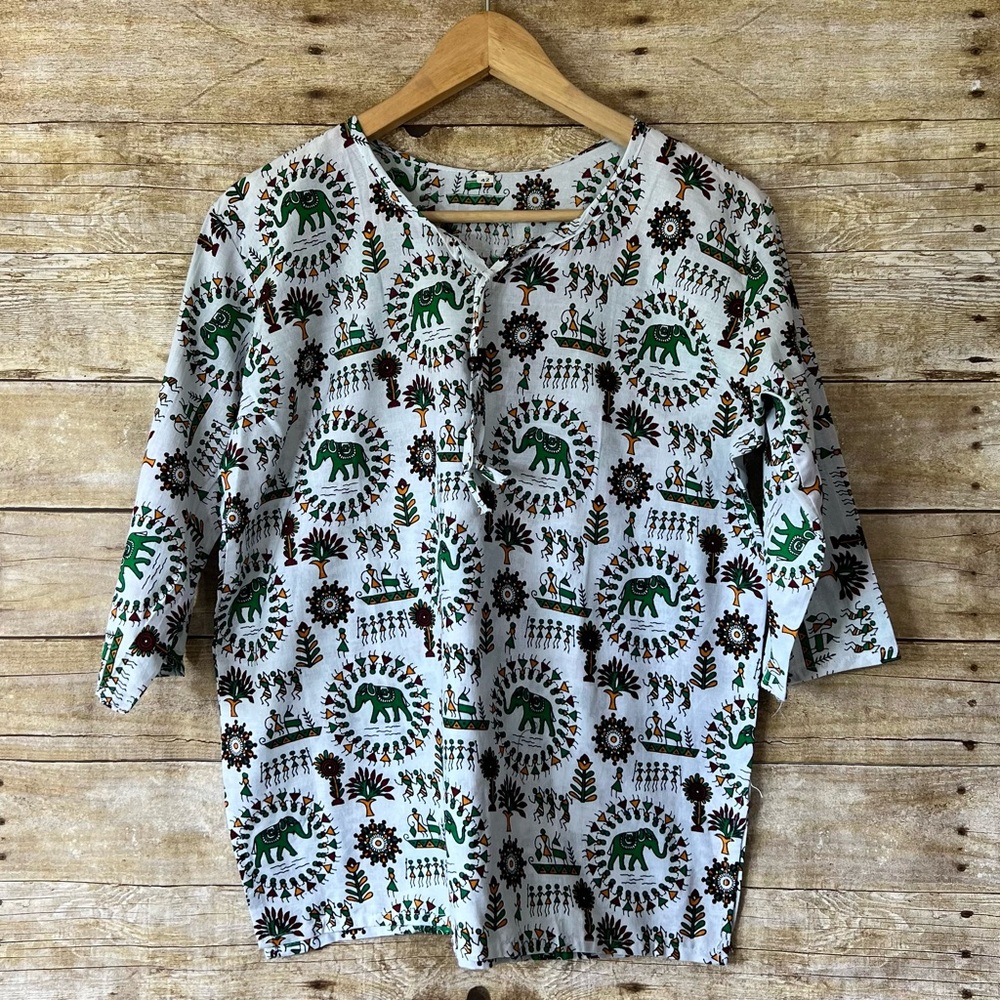 Unbranded Elephant Block Print Cotton Tunic Top‎ White Green Boho Split Neck 42